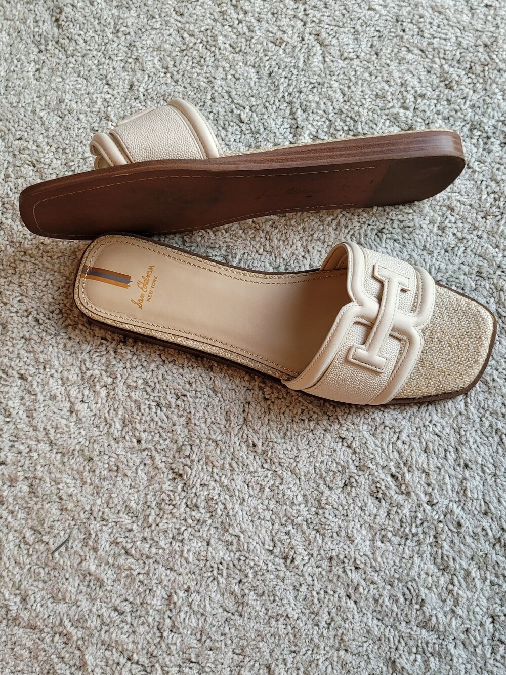 Cream Leather Sandals Natural Woven Toe Detail & Metallic Stitching 10 1/2 - Picture 5 of 5